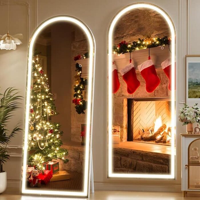 30 in. W x 77 in. H White Frame Arch LED Full-Length Mirror, Adjustable Brightness and Colors, Tempered Glass