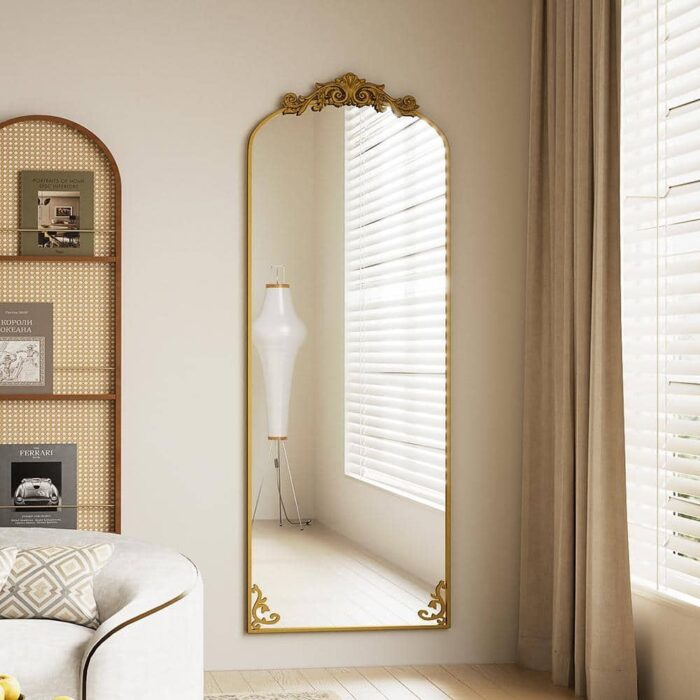 21 in. W x 64 in. H Arched Gold Metal Framed with Carved Decoration Full Length Mirror